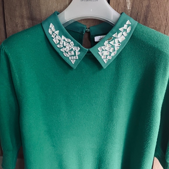 Bright Green Knitted Cardigan Short Sleeve Rhinestone Embroidery Sioni Milano - Picture 3 of 9